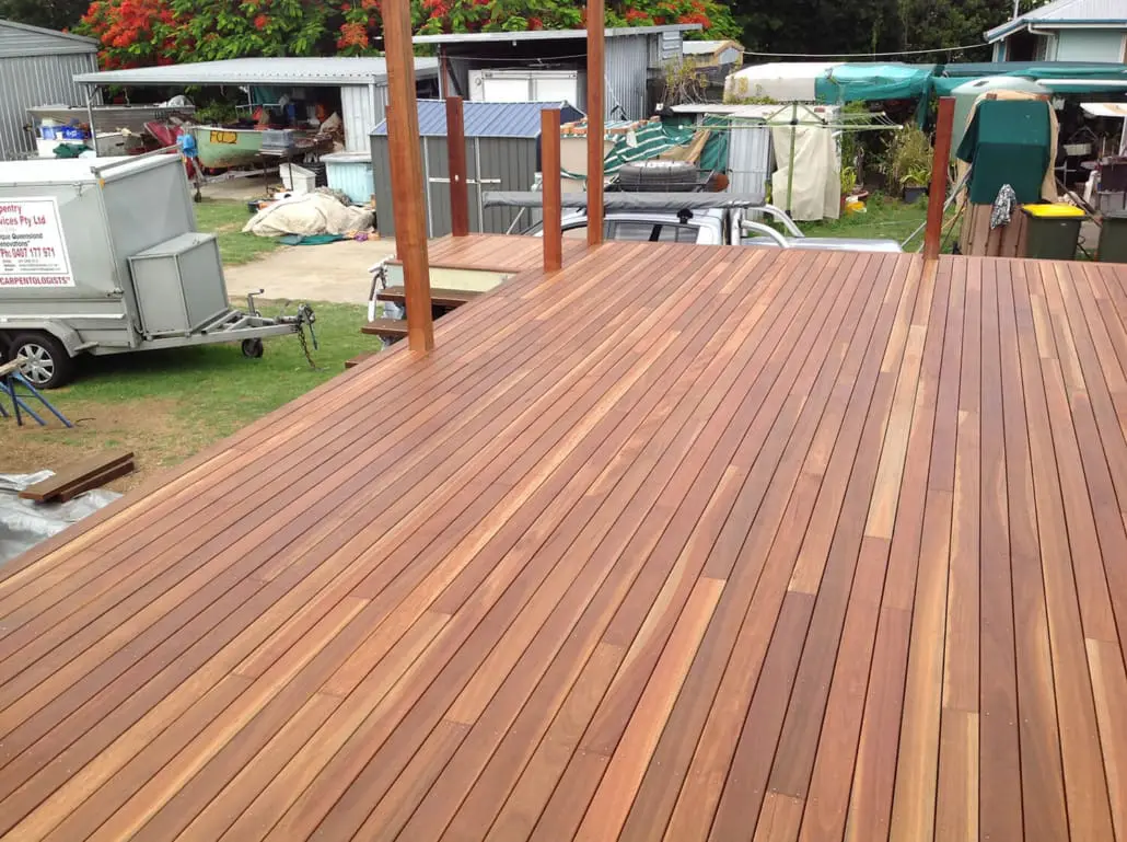 Large timber deck with hardwood boards completed by Manttan Construction in Brisbane