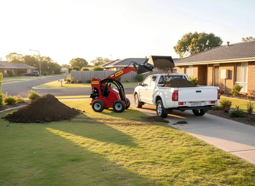 A small red loader lifts and dumps soil into the bed of a white pickup truck parked in a driveway, with a large pile of soil on the grass nearby and houses in the background. Builders Bayside Brisbane, Home Renovations Redlands